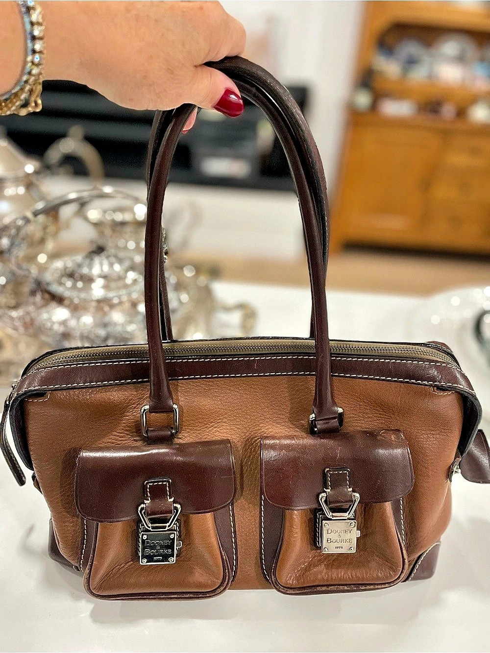 Dooney & Bourke 2 Pocket Brown Leather Satchel Tote Handbag Bag